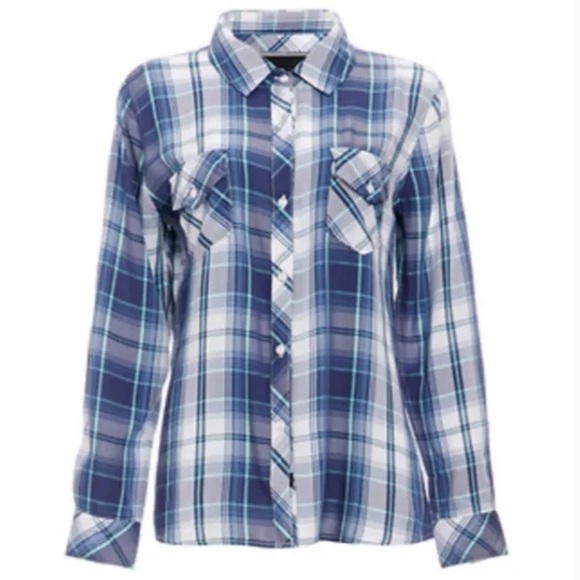 RAILS CARMEN RAYON Blue PLAID BUTTON DOWN SHIRT XS - Picture 2 of 13